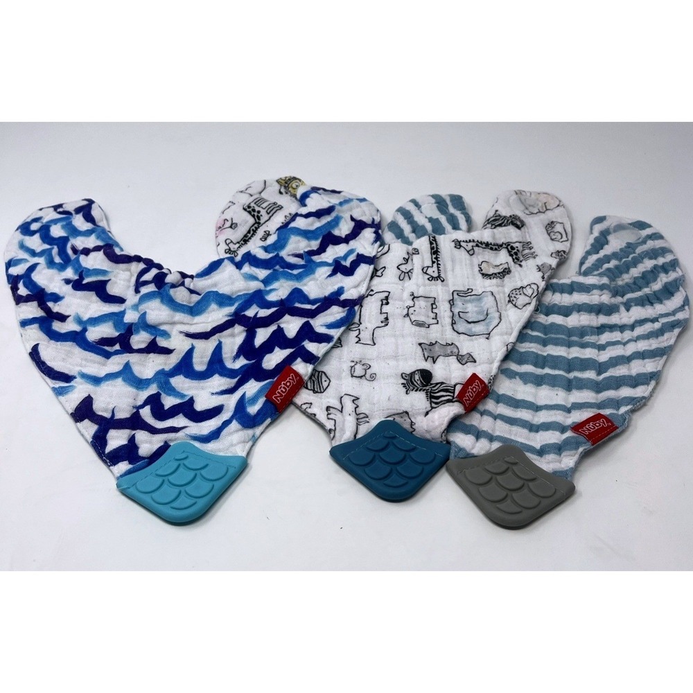 Set Of 3 Nuby Bibs With Tethers EUC Boys Blue Gray Animals